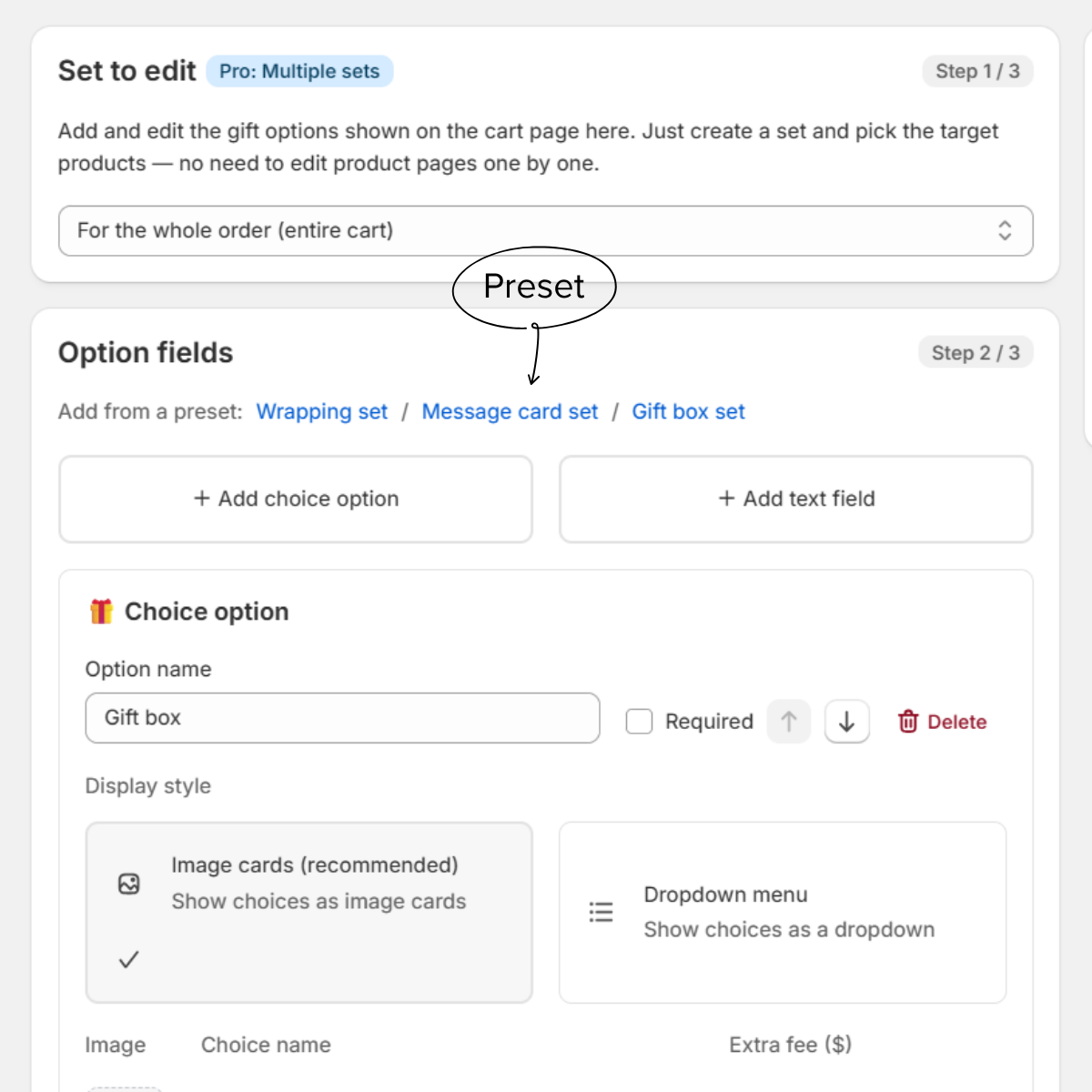 Admin: add a ready-made option set in one click