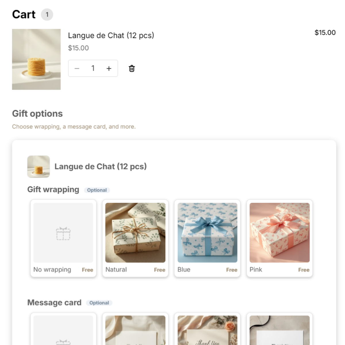 Gift options grouped under each product in the cart