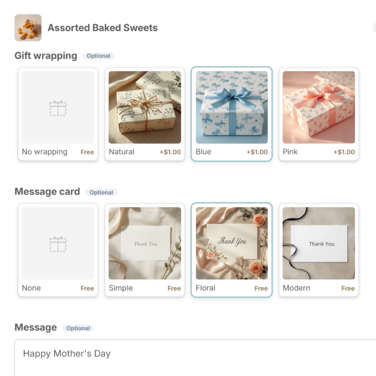 Wrapping, box and card options chosen on the cart page