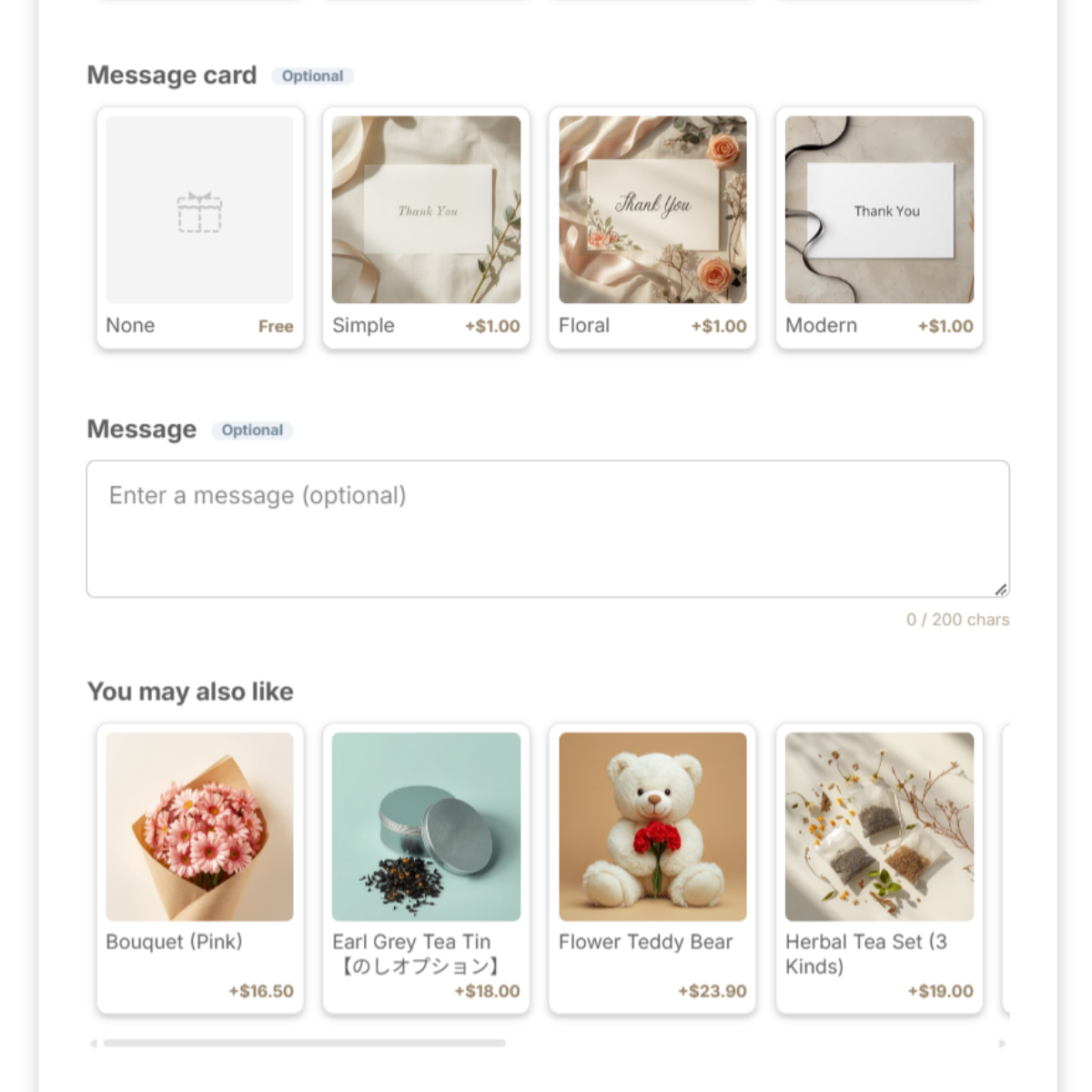 Message card options, a message field, and a You may also like row