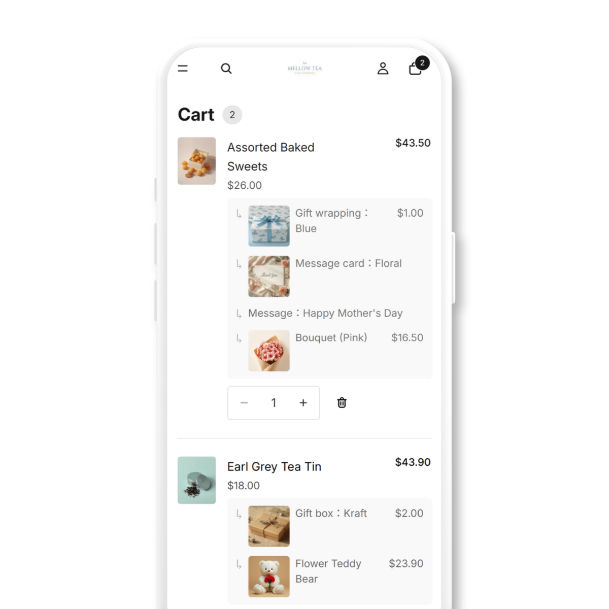 Cart page showing gift options grouped under each product