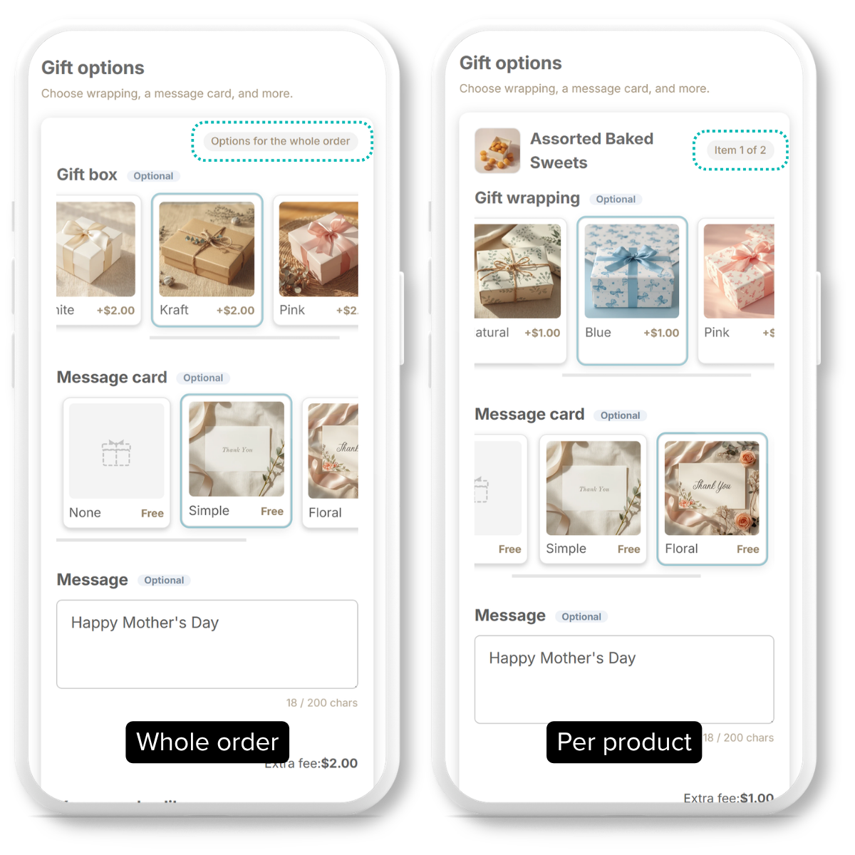 Per-product and whole-order gift option modes