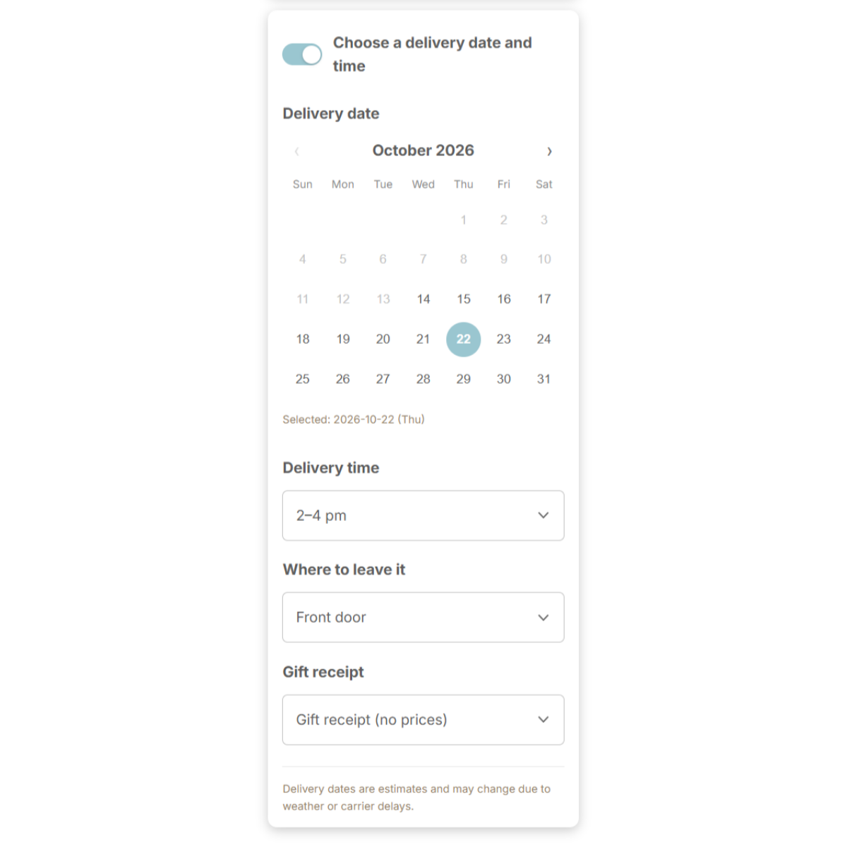 Delivery fields in the cart: date calendar, time window, where to leave it and gift receipt