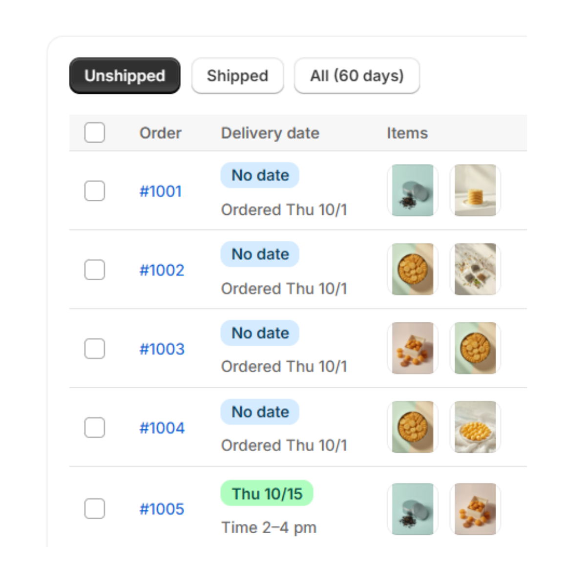 The Shipping page list of unfulfilled orders with delivery dates, products, options and checks