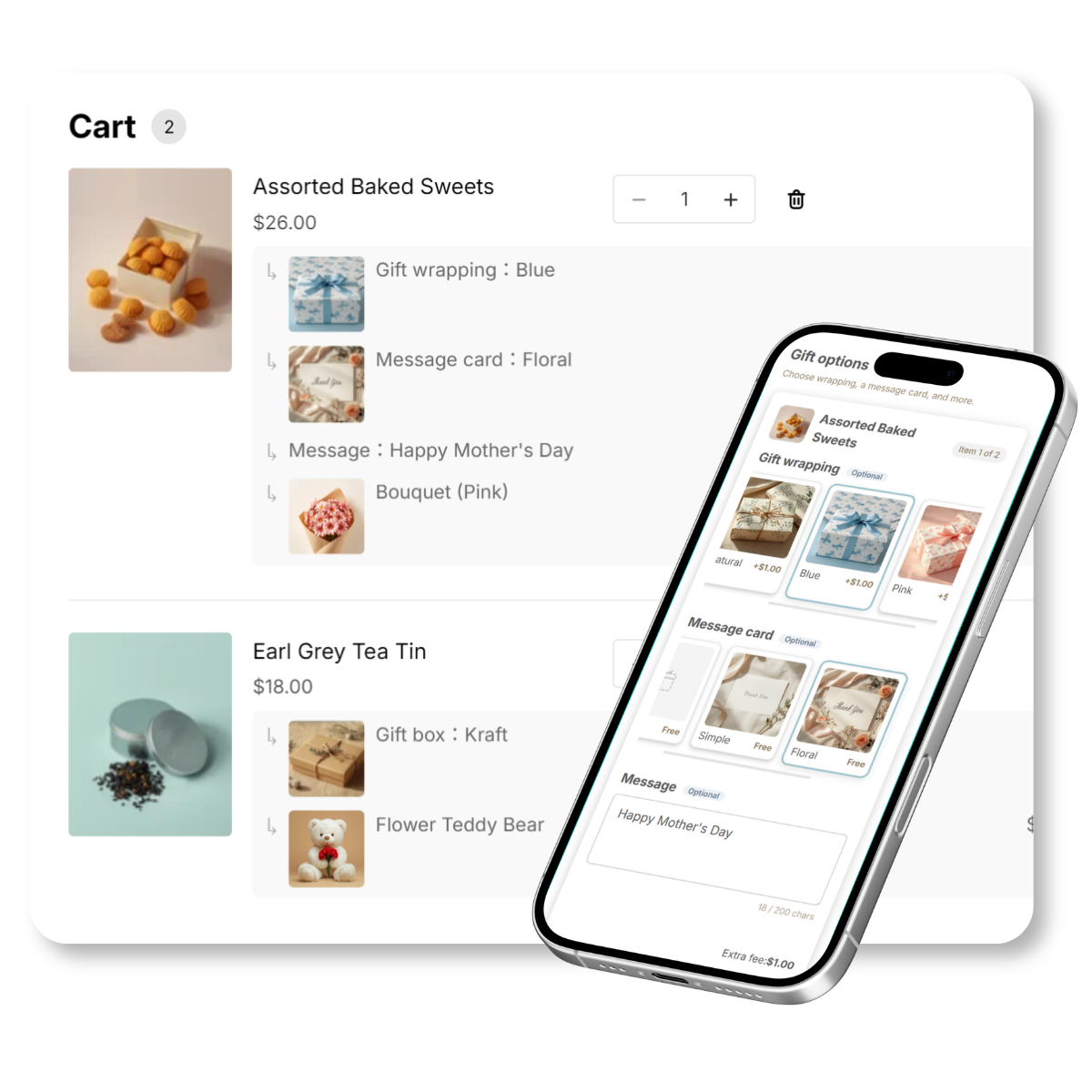 Gift options shown right in the Shopify cart