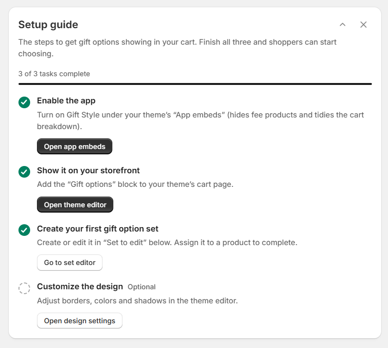 The setup guide shown when the app opens, listing four tasks