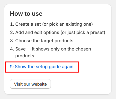 The How to use card, with a link to show the setup guide again