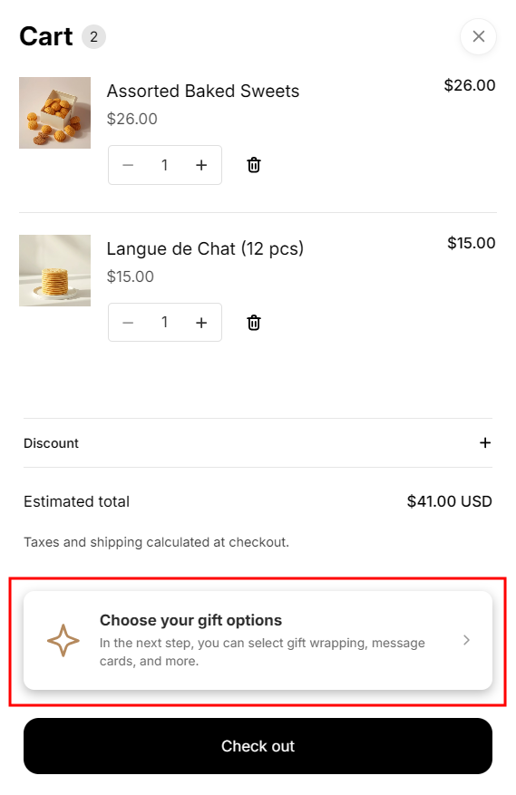 A button to choose gift options at the bottom of the cart drawer
