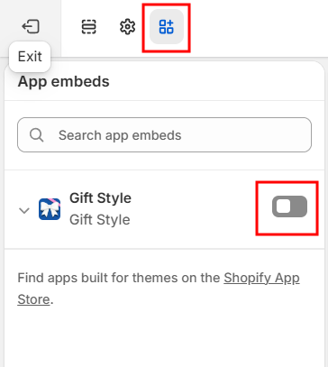 App embeds in the theme editor, with Gift Style switched off