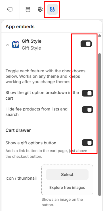 Once on, three settings appear: cart breakdown, hiding priced products, and the cart drawer button
