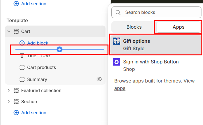 Choosing Gift options from the Apps tab in the add block panel
