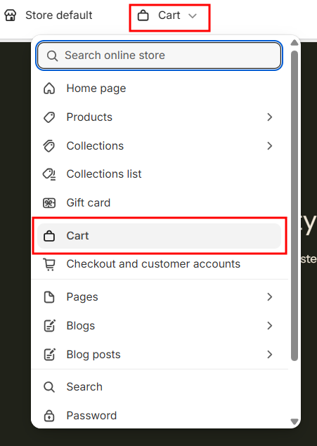Selecting Cart from the page switcher in the theme editor