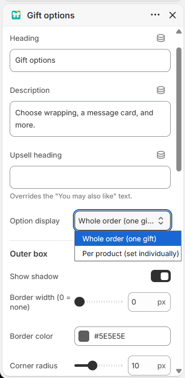 Theme editor design settings: shadow, border width, corner radius, card gap and colors
