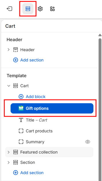 Theme editor layers, with Gift options inside the cart section above Subtotal