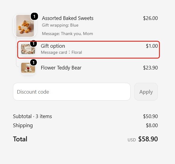 Checkout summary with the gift options and the fee line under the product