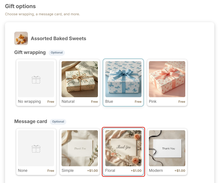Gift options in the cart: message card choices showing +$1.00, with Floral selected