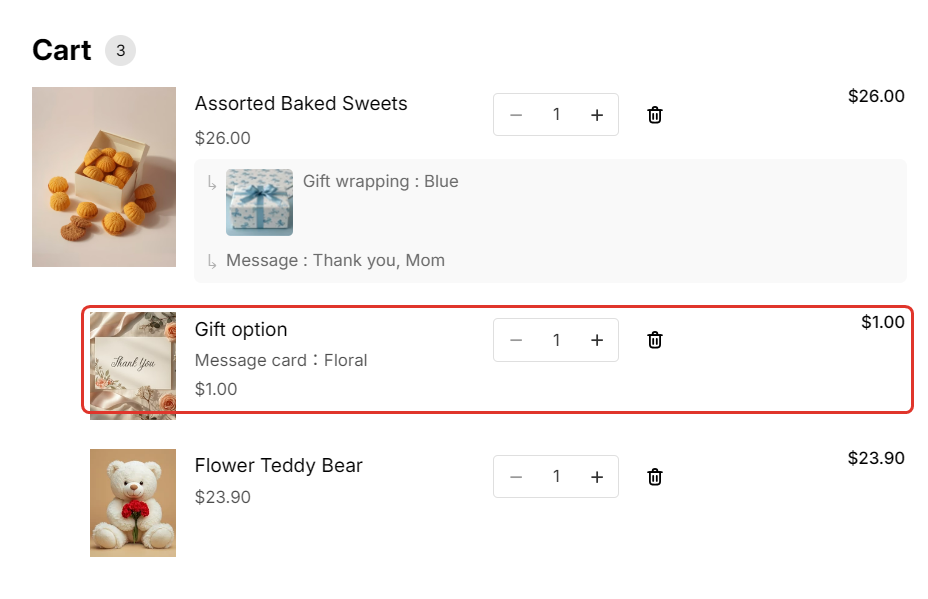 Cart lines: a fee line Message card: Floral $1.00 under the product