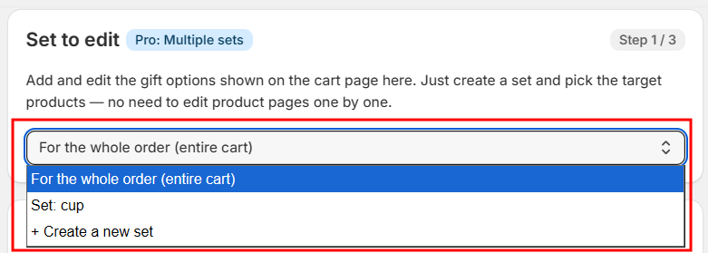 Admin step 1: the set selection dropdown, opened