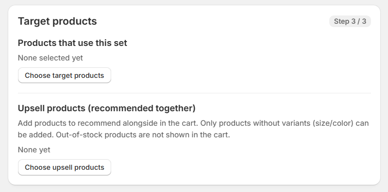 Admin step 3: buttons to choose target products and upsell products