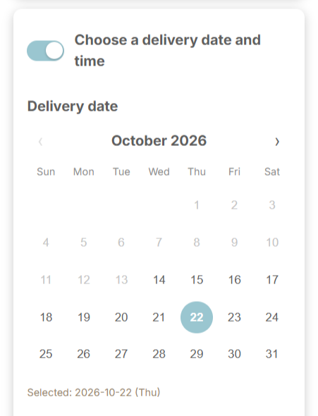 The delivery calendar in the cart; earlier dates are greyed out