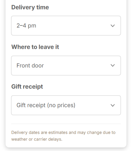 A phone cart with the delivery calendar, time slot, where to leave it, gift receipt and the notice