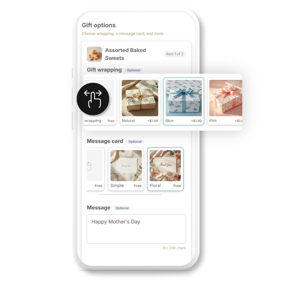 Gift options as swipeable image cards on mobile