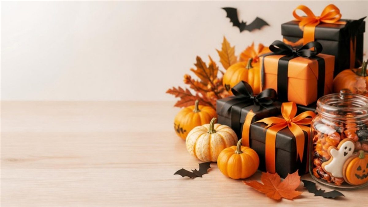 Small gift boxes in orange and black wrapping with mini pumpkins and treats