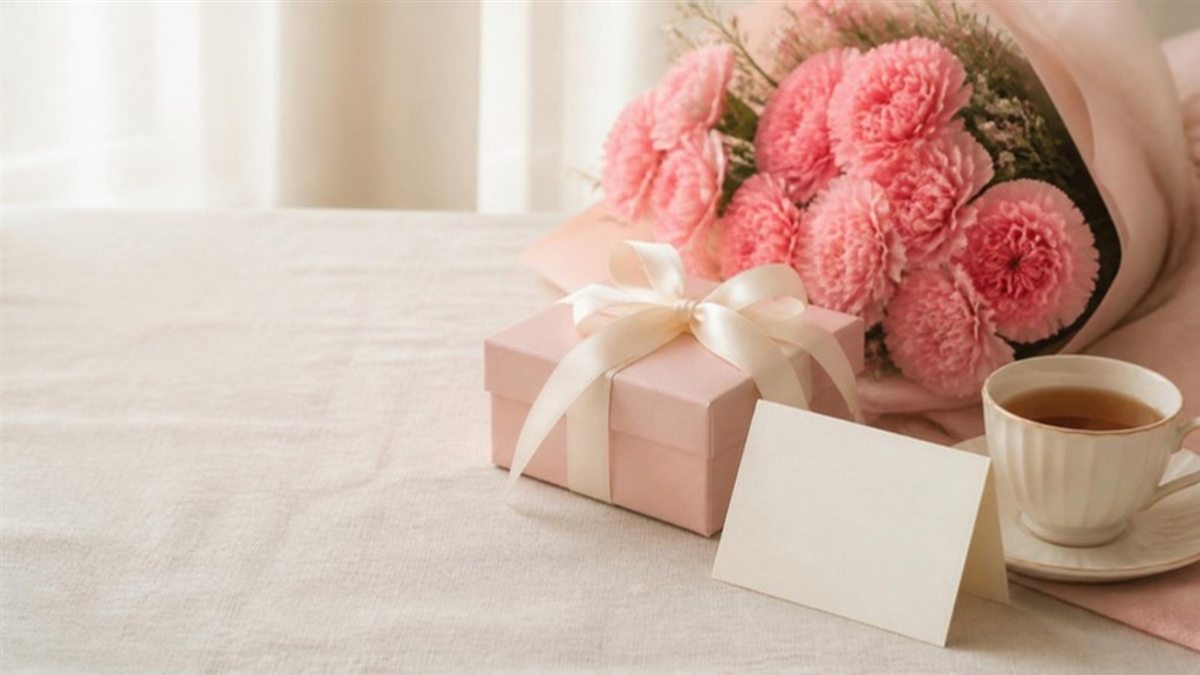 Pink carnations, a pink gift box with a cream ribbon, a card and a cup of tea