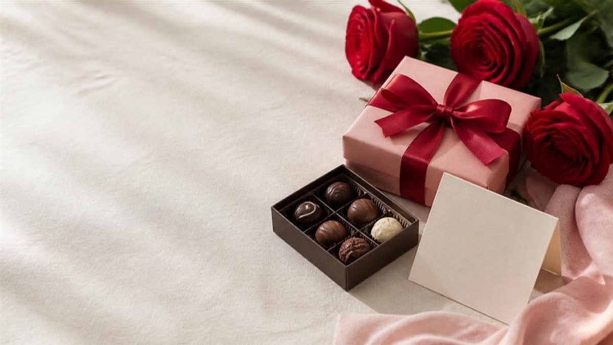 A box of chocolates, a pink gift box with a red ribbon, red roses and a blank card